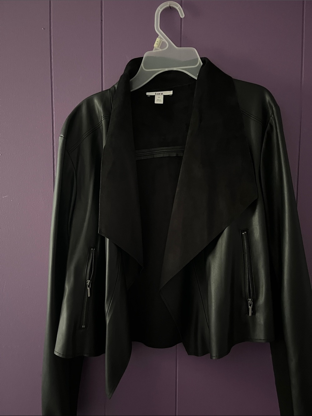 Bar III Black Faux Leather Draped Open-Front Jacket - Picture 2 of 6